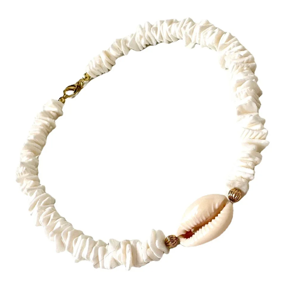 Puka Shell Choker Necklace White Round Hawaiian Natural Sea Shell Beach Jewelry Surfer Necklace for Women Cowrie Shell Aesthetic