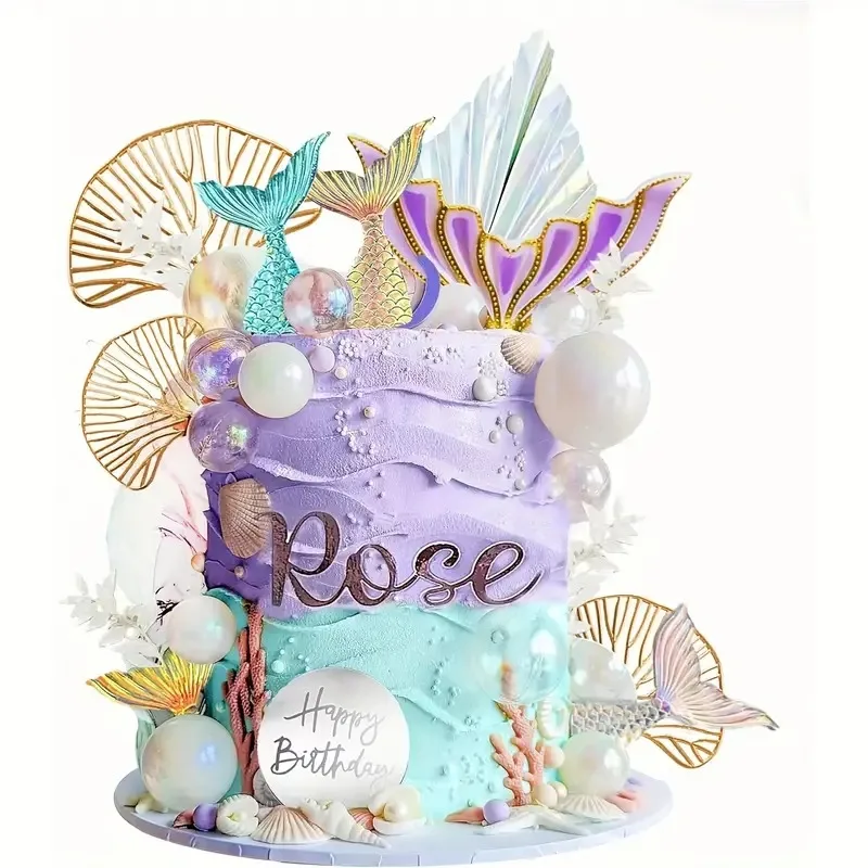 

Neptune Cake Topper Neptune Tail Kelp Bubble Shell and Gold Ginkgo Leaf Decor for Underwater Themed Cakes and Party Decorations