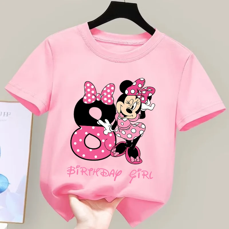 Minnie Disney Birthday T-Shirt Kid Years Old Clothes Cartoon Girl Short-sleeved Birthday Tops Baby Soft Tees Tshirt Kid Clothing