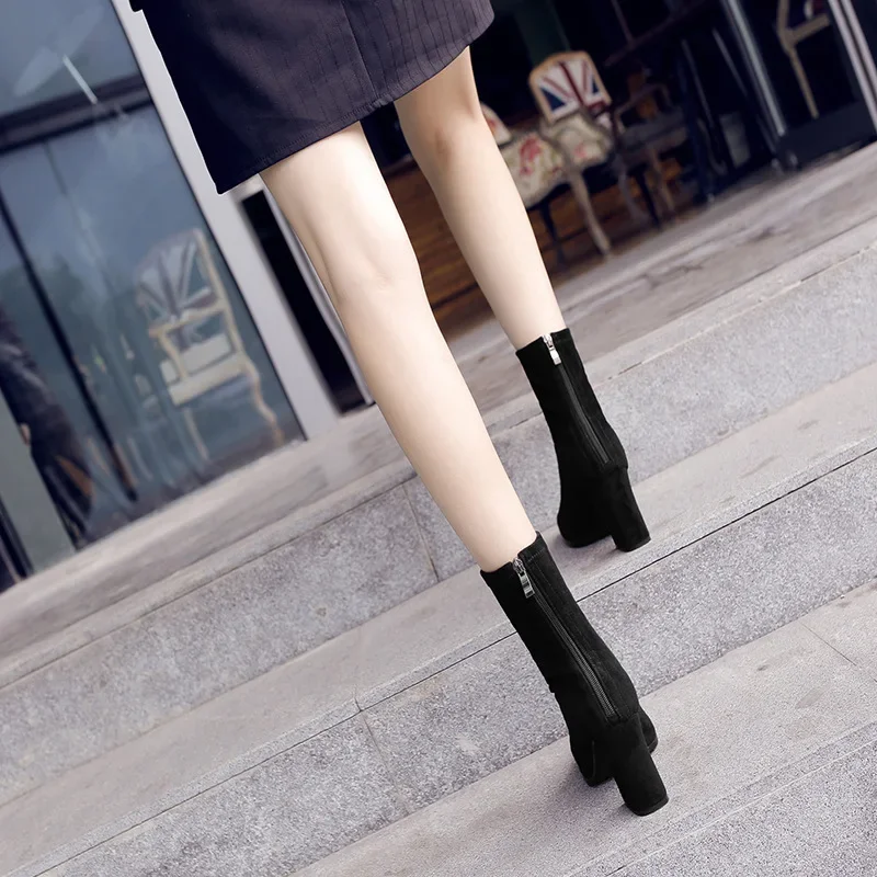 Ankle Chunky High Heel Sock Chelsea Boots Women Autumn Fashion Pointed Frosted Suede Short Boots Female Pumps Sexy Warm Boots