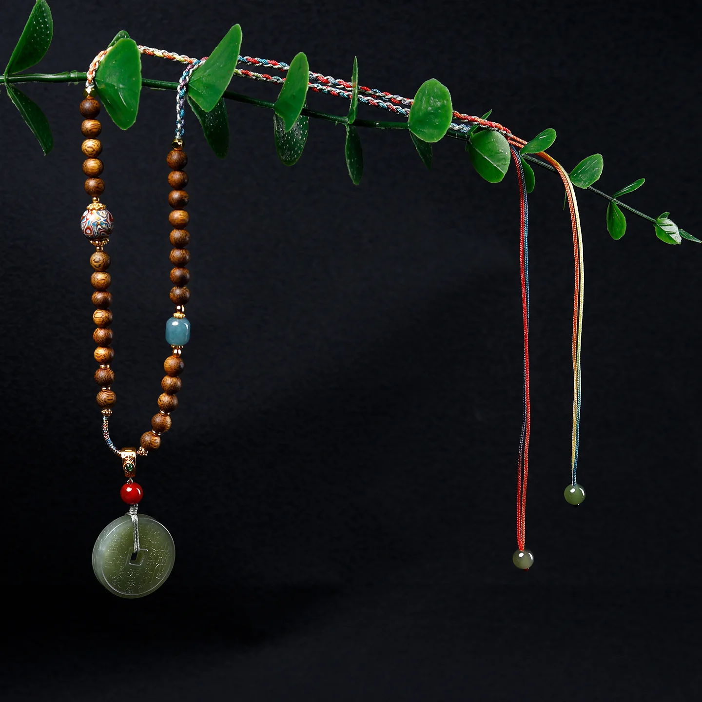 Chinese Style Lucky Blessing Green Qinan Agarwood Beaded Necklace Natural Hetian Jade Eight Trigrams Pendant Good Luck Wealth