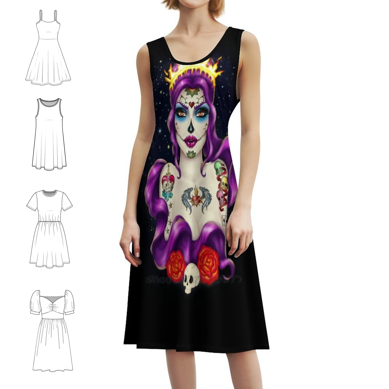 

La Santa Muerte Boho Chic Dress Элегантное модное пляжное платье для свадебной вечеринки Catrina Santa Muerte Dia De Los Muertos Женская одежда