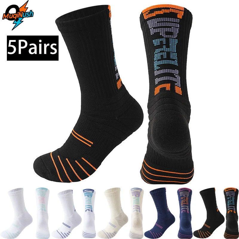 

MuqiNush 5 Pairs Men's High Socks Athletic Cushioned Crew, with Arch Compression Basketball Football Cycling Black Sport socks
