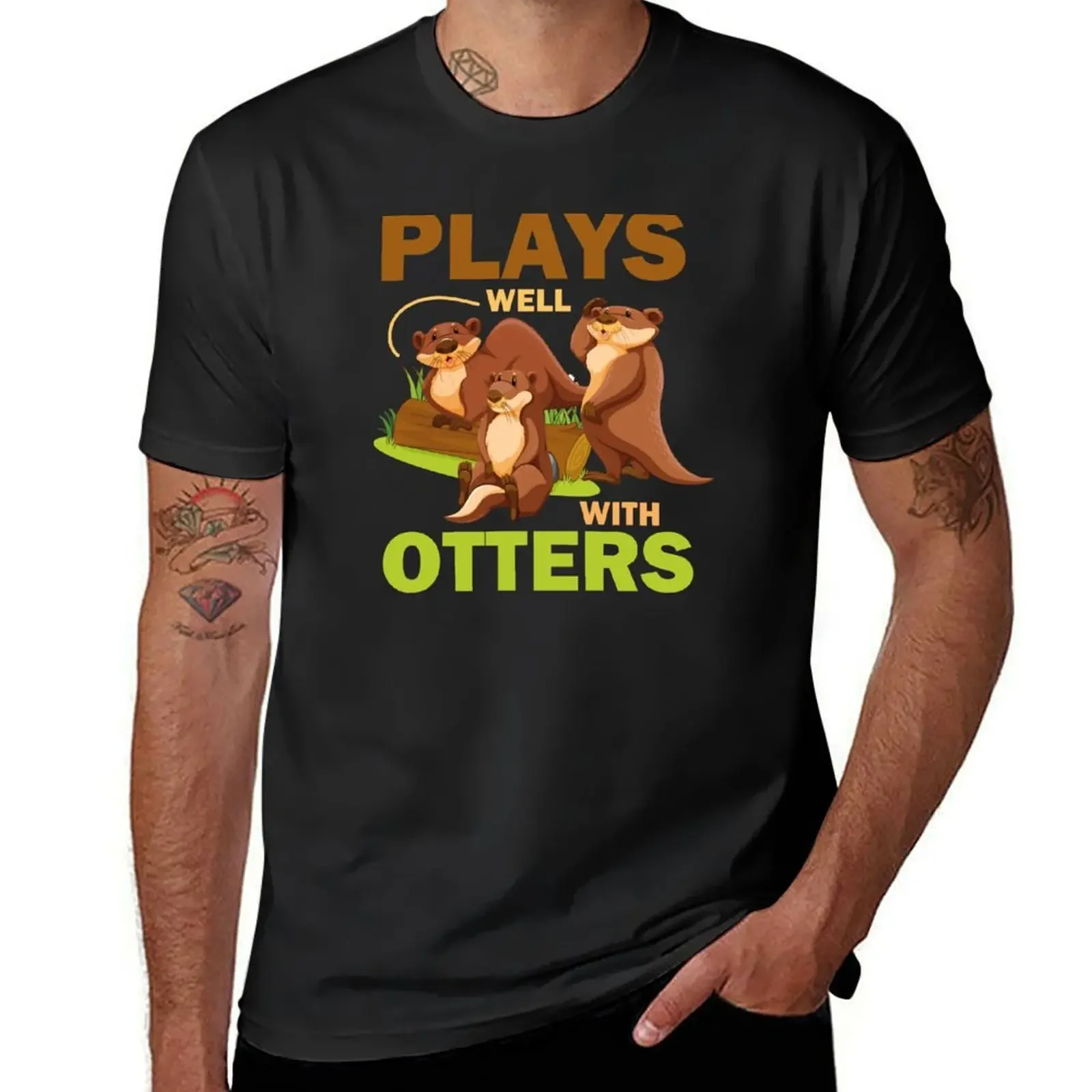 Plays Well With Otters - Funny Otter Pun T-Shirt summer clothes summer top vintage clothes slim fit t shirts for men