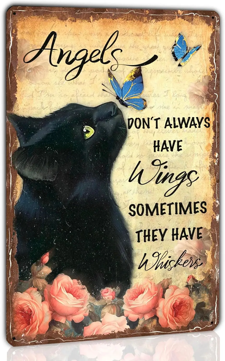 Black Cat Metal Tin Sign Vintage Poster Memorial Wall Decor Angels Don't Always Have Wings Sometimes They Have Whiskers A Fu