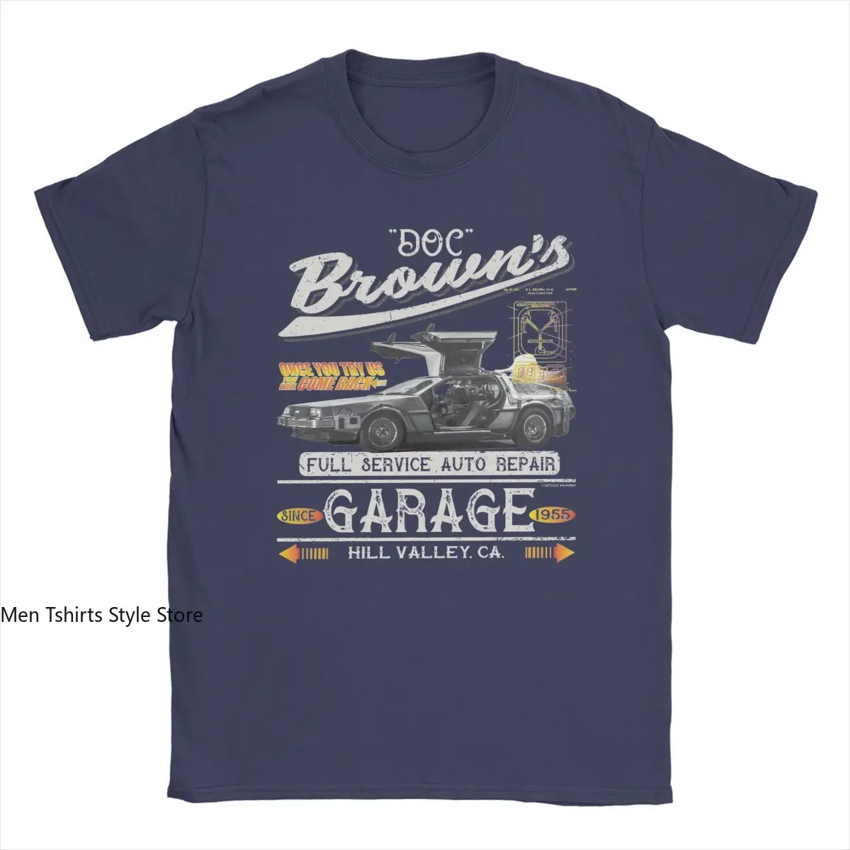 Doc Brown's Auto Repair Garage DeLorean Car Back To The Future Men's T Shirt Funny Tees Crew Neck T-Shirt Cotton Clothes