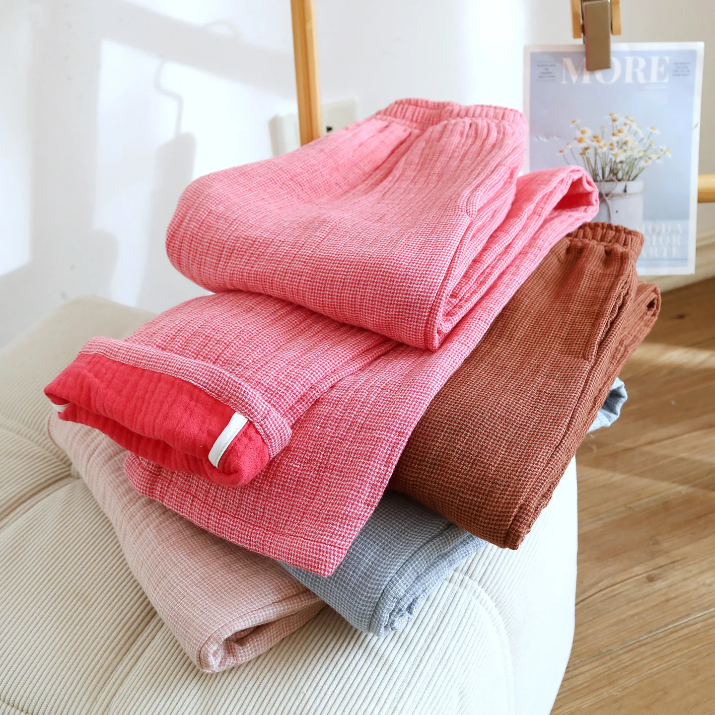 Pantaloni del pigiama addensati da coppia in cotone Garza a quattro strati Abbigliamento da casa per uomo e donna Pantaloni semplici in tinta unita di grandi dimensioni