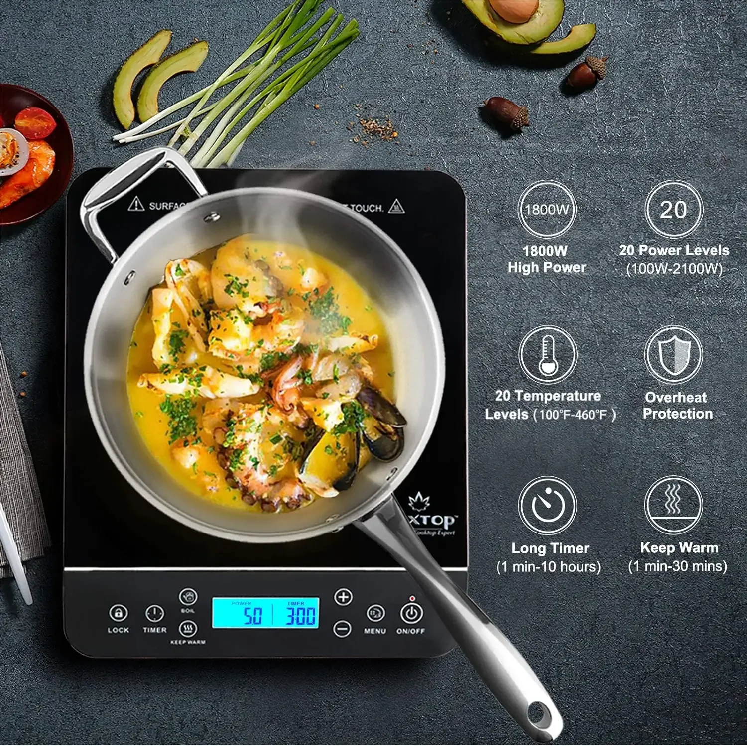 Portable Induction Cooktop, Countertop Burner Induction Hot Plate with LCD Sensor Touch 1800 Watts, Silver 9600LS/BT-200DZ