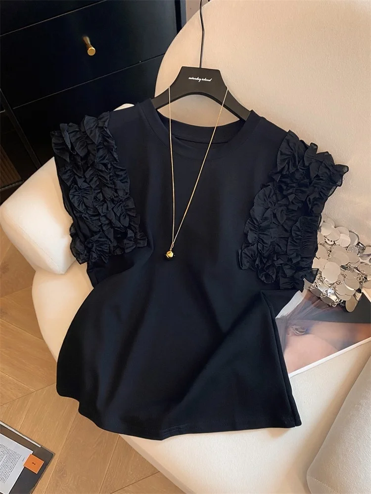 

Faionable mat Wooden T-irt Women's Svel Summer New Arrival Folded Heavy Embelliment Commute Sle