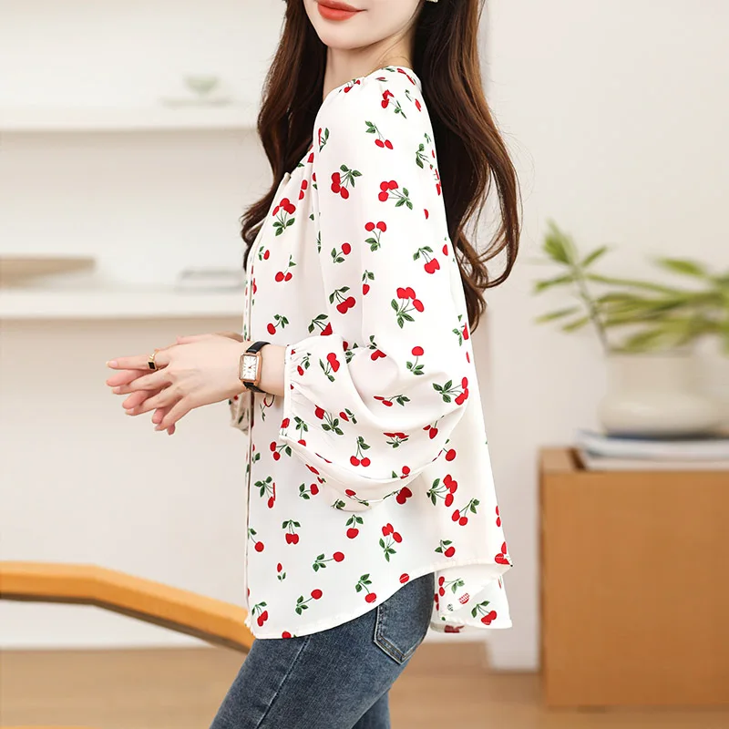 Spring Summer Casual Loose O-neck Long Sleeve Shirt Women French Chic Fruit Print Blouses Fashion All-match Elegant Tops