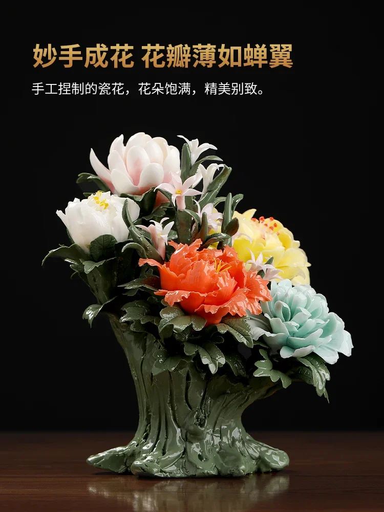 New Chinese hand-squeezed ceramic flower ornament home living room office decoration