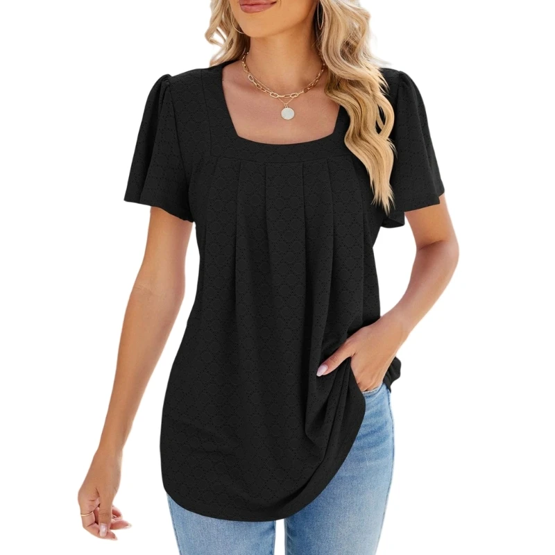 

Women's Summer Square Neck Short Sleeve Long T-Shirt Loose Fit Mesh Design