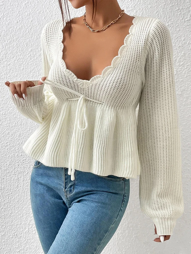 Halbtransparenter, modischer und eleganter, einfarbiger Strickpullover für Damen mit Laternen-Kordelzug
