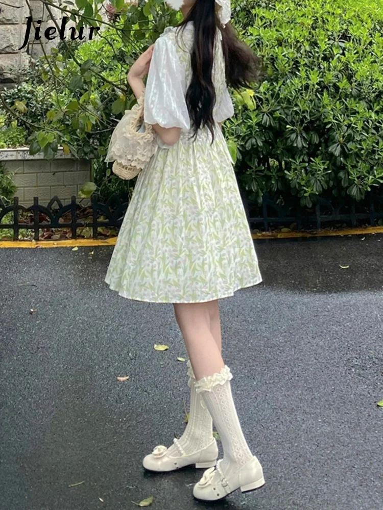 Jielur Summer New Slim Sweet Women Dress Fake Two Piece Sweet Ladies Floral Dress Woman Slim Waist Green Korean Dress Female