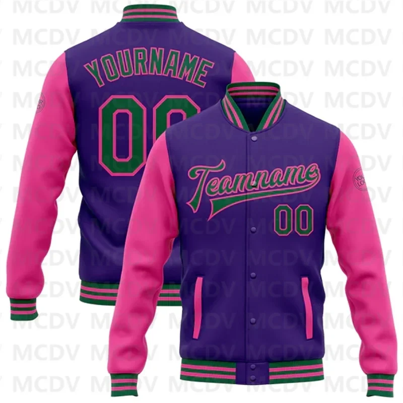 

Custom Purple Kelly Green-Pink Bomber Full-Snap Varsity Letterman Two Tone Jacket