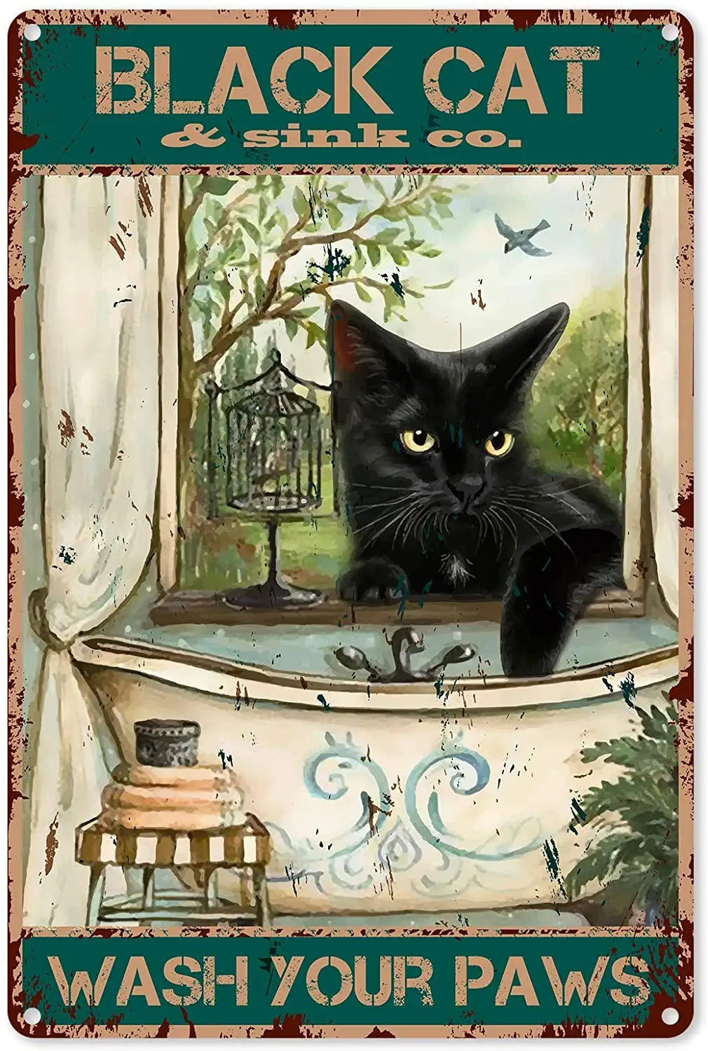 

Bathroom Quote Metal Tin Sign Wall Decor - Vintage Black Cat Wash Your Paws Tin Sign for Office/Home/Classroom Bathroom De-Meta