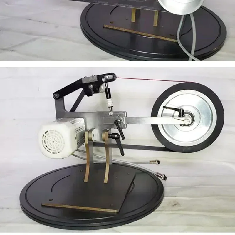 Industrial-grade benchtop belt sander; hydraulic spring-tensioned sharpener suitable for both vertical and horizontal use.