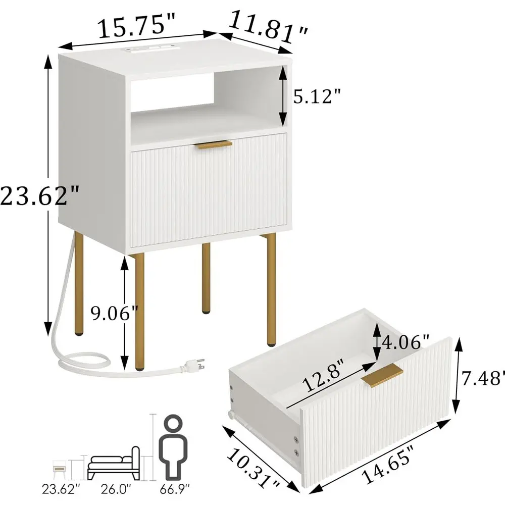 Mesita de noche blanca con base de carga y cajón para dormitorios modernos y espacios habitables
