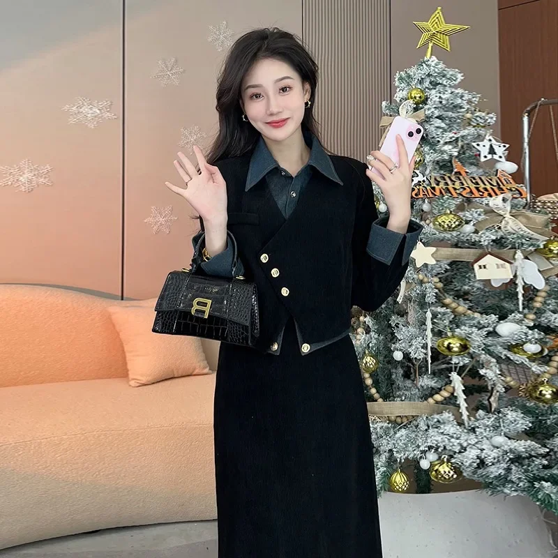 

2024 Spring and Autumn New Ladies Slim Two-piece Set Temperament Design Sense Long-sleeved Fake Two-piece Shirt Skirt Suit Women