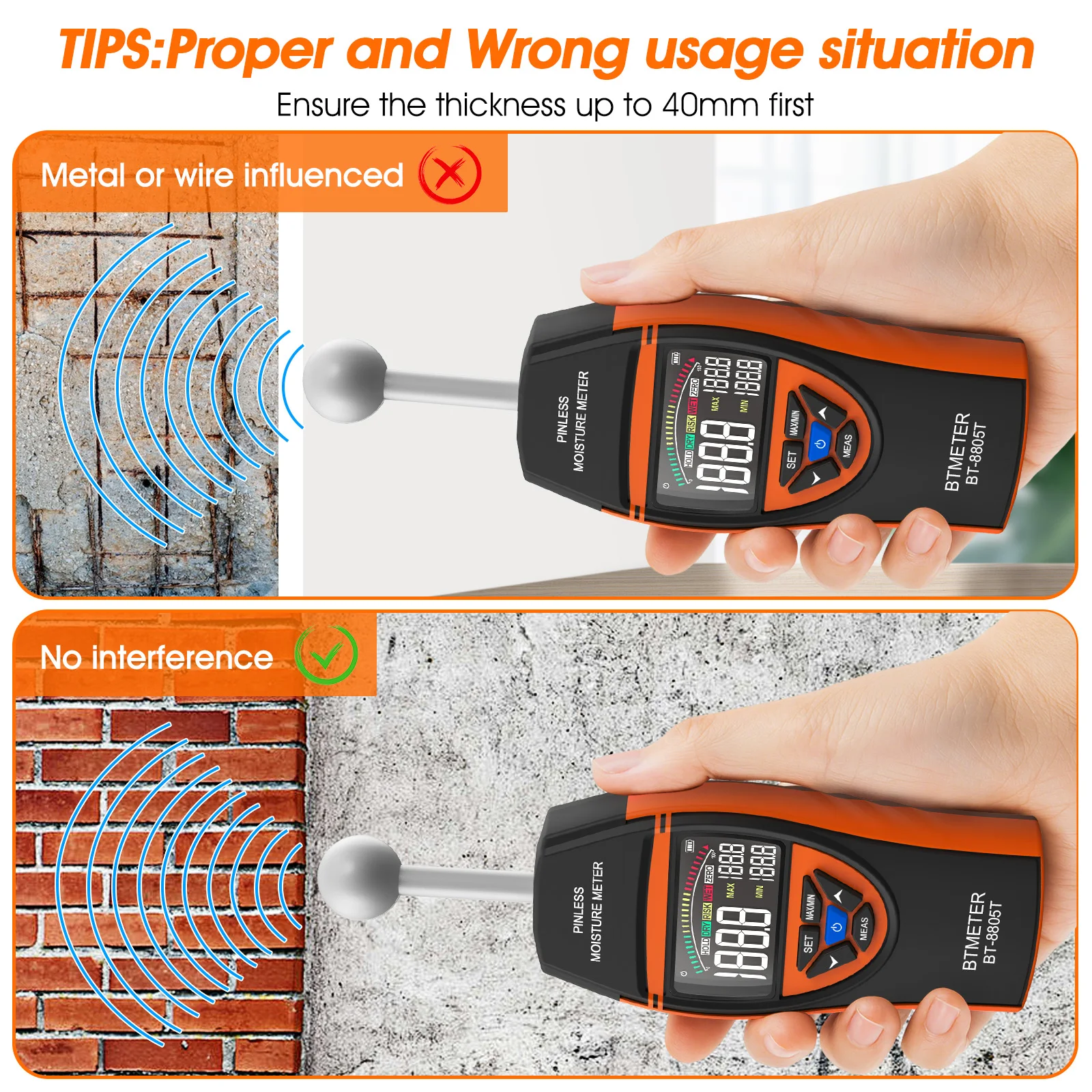 

Non-Contact Wood Moisture Meter 0-100% Range 20-40mm Depth Digital Moisture Detector for Wood Cement Plaster LCD & Sound Alarm
