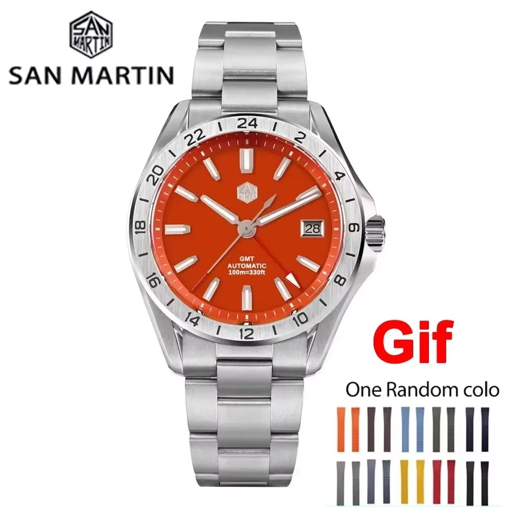 

San Martin SN0129 39 мм Мужские часы NH34 GMT Автоматические механические водонепроницаемые часы Зеленый нефритовый камень Красный агат Редкий минеральный драгоценный камень