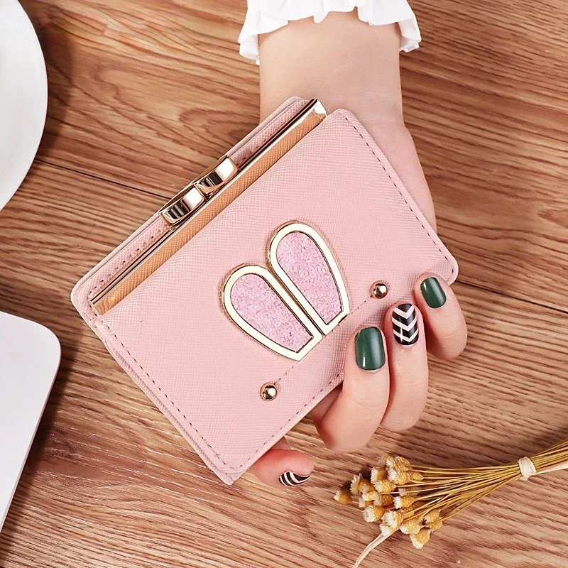 Short Cartoon Women Wallets Three Fold Rabbit Ears Hasp Coin Purses Female Pu Leather Sequins Solid Color Card Holder Clutch Bag