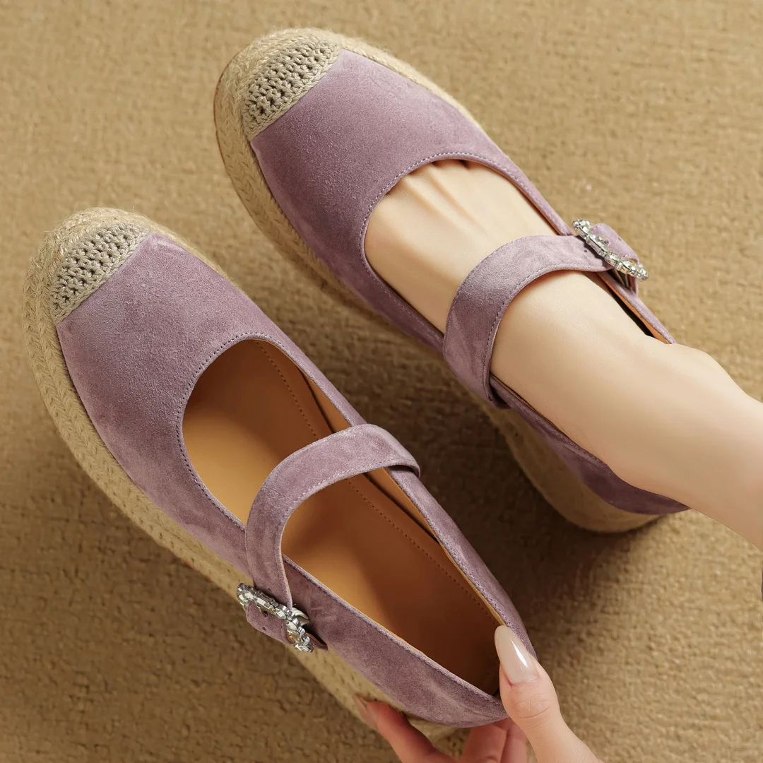 

Women's natural suede leather crystal buckle hemp thick sole platform Mary Jane flats high quality casual female espadrilles hot