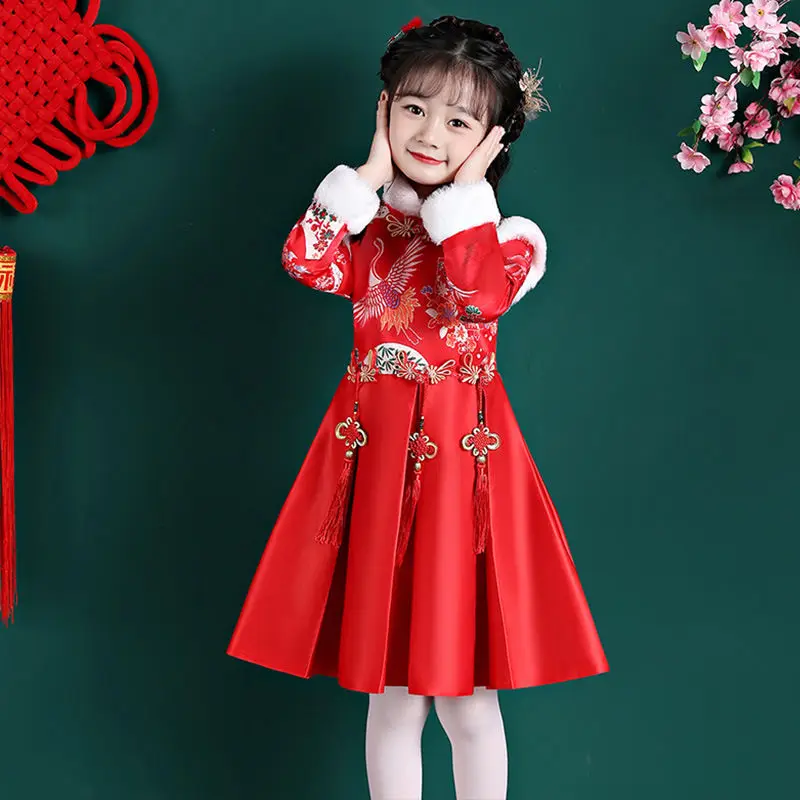 New children\'s spring and autumn winter clothing Hanfu children\'s ancient costume plus cotton dress baby Tang suit red dress