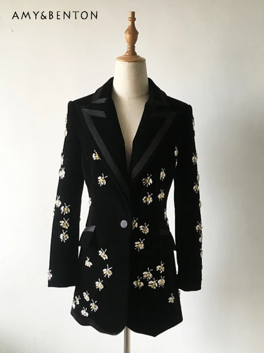 

Temperament Commuter Style Black Velvet Coat Socialite Heavy Industry Beads Rhinestone Cross Collar Slim Blazer Women Autumn