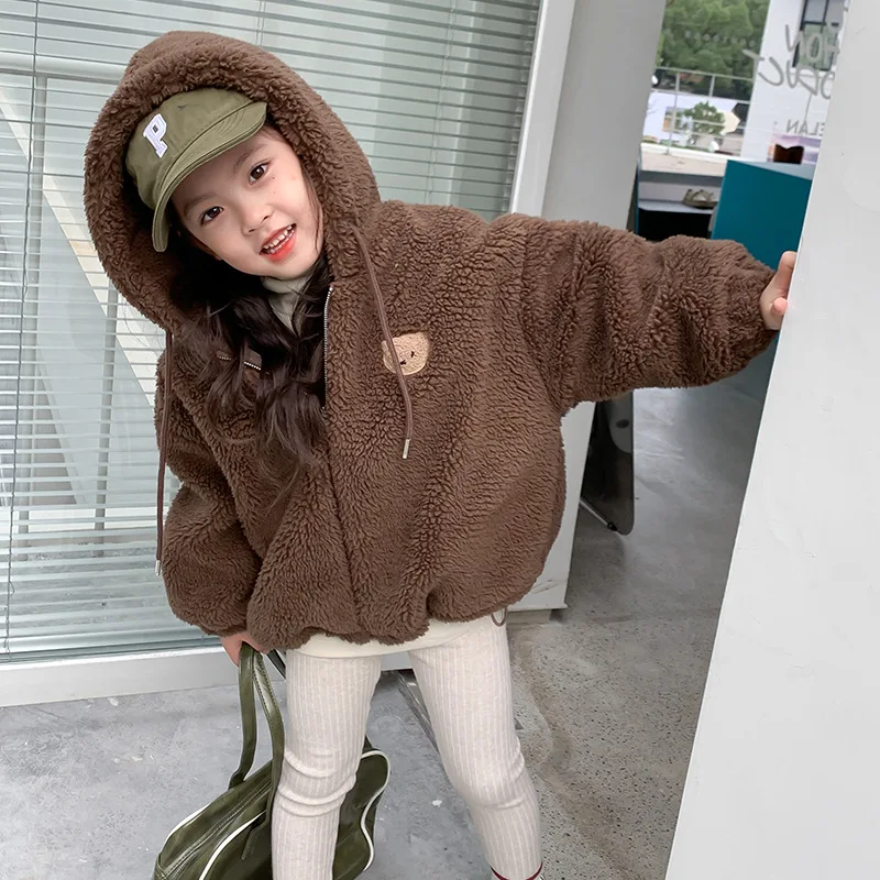 Manteau en laine à capuche pour filles, vêtements pour enfants, coton, cheveux d\'ours, vêtements pour bébés, tenues pour enfants, coréen, hiver,