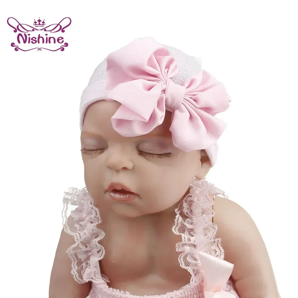 Nishine Newborn Baby Girl Chiffon Bowknot Hat Infant Big Bow Cap Kid Stripe Knitted Bonnet Toddler Hair Accessories Photo Props