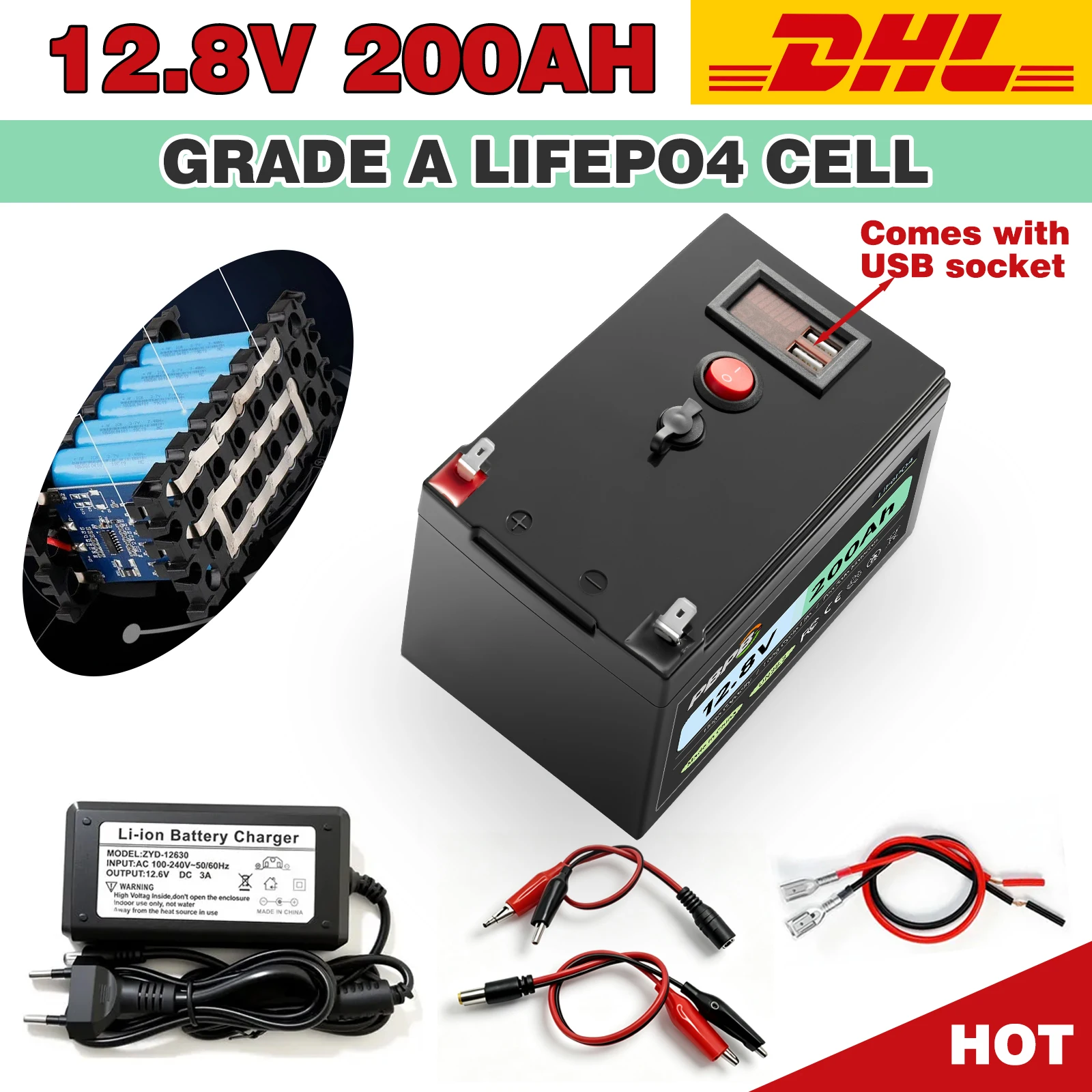 12.8V 200Ah LiFePO4 Lithium Battery for LED Power Supply Electric Wheelchair with 100A BMS Low-Temp Protection 2000+ Charge Cycl