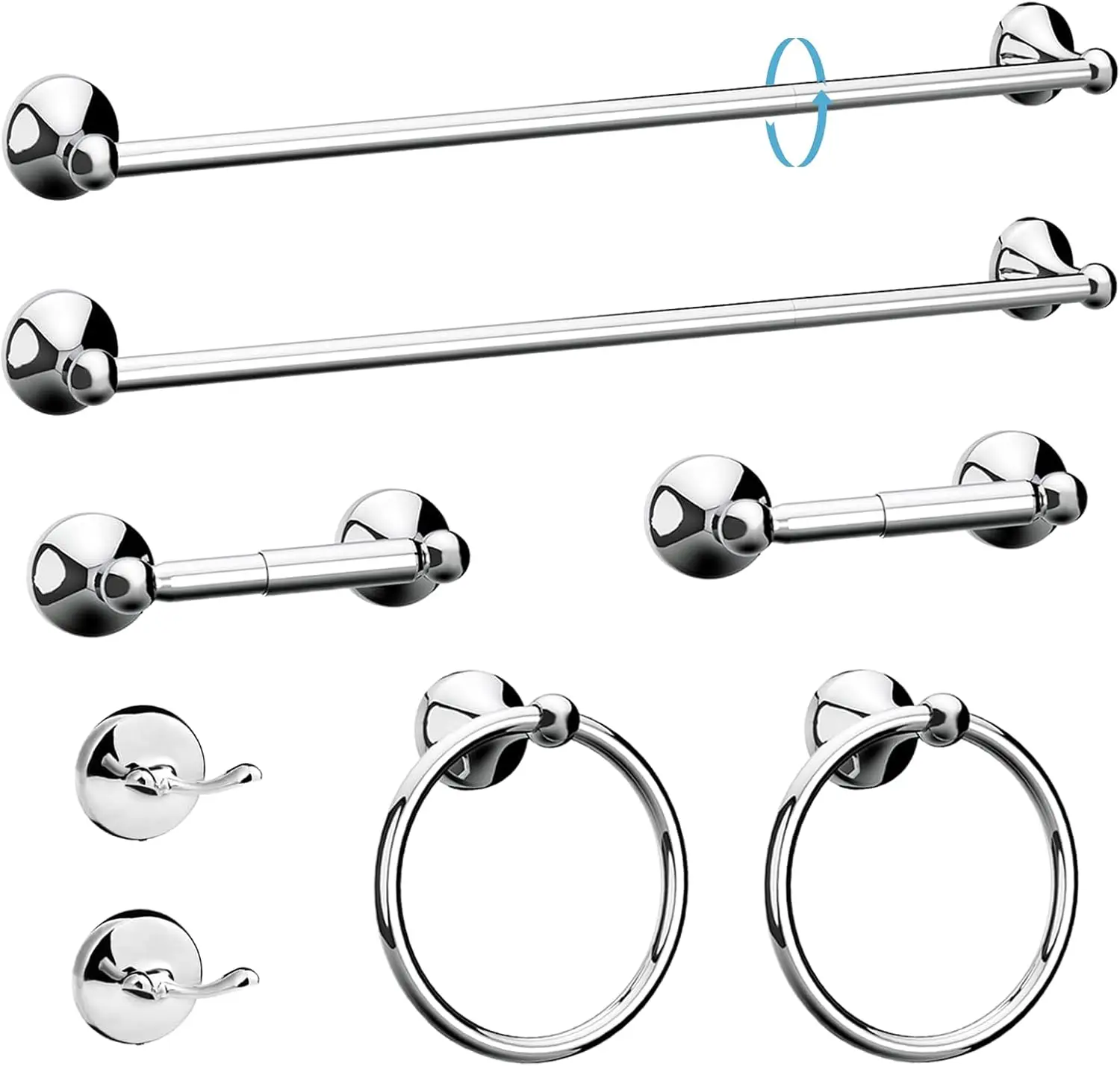 

8-Piece 24 Inch Polished Chrome Bathroom Hardware Set, Adjustable Towel Bar, Towel Rings, Toilet Paper Holder, Hooks