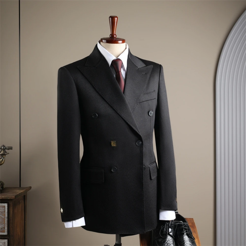 Dainty Black Peak Lapel Jacket Formal Banquet Men's Suit High Quality Luxurious Double Breasted Patterned Tuxedo For Party