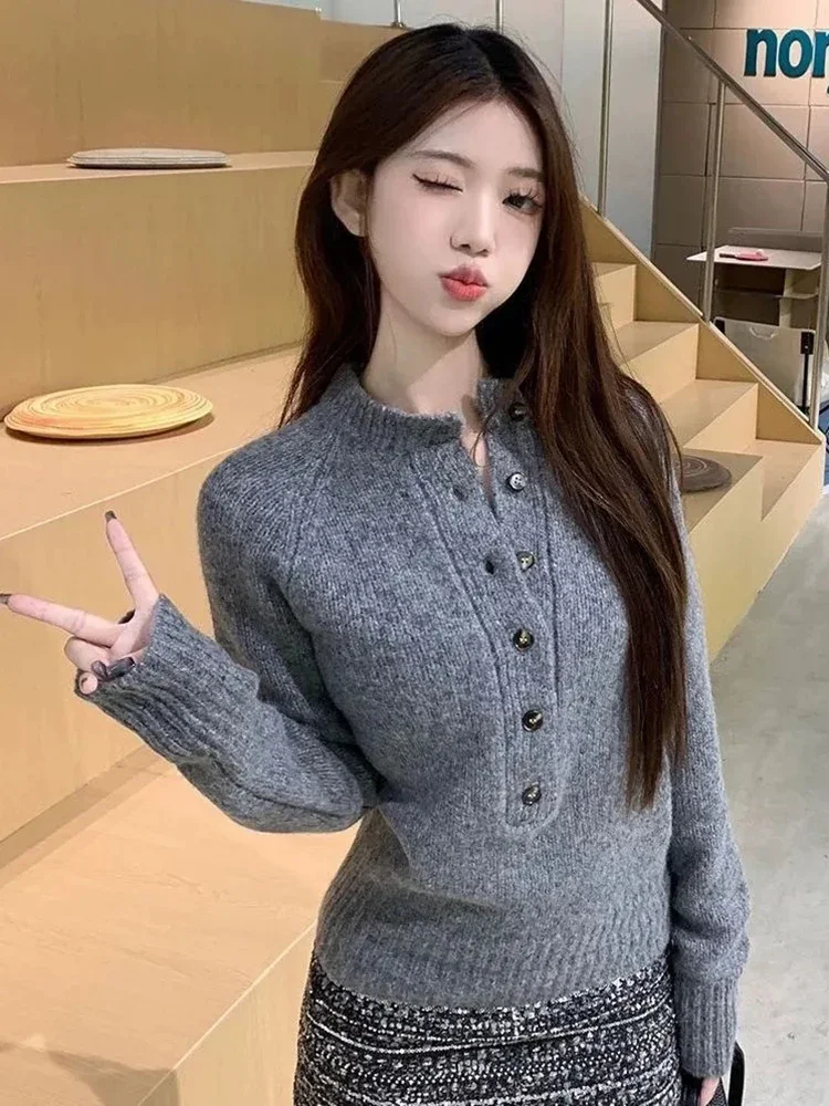 

Zoki тонкие пуговицы серые свитера женские винтажные простые вязаные пуловеры с длинными рукавами корейские осенние повседневные женские милые топы в стиле ретро