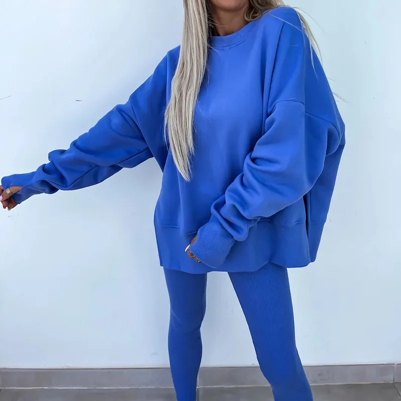 Women O Neck Long Sleeved Pullover and Pencil Pants Suit Casual Solid Color Sports Two Piece Set Autumn Sweatshirt Loose Outfits