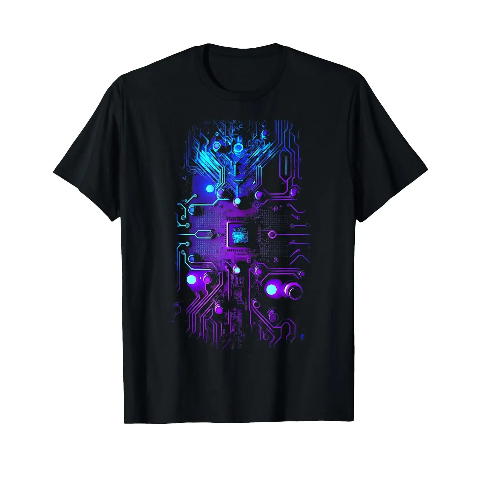 Motherboard Microchip Purple Blue IT Computer Background T Shirt vintage Washed Comfortable Unisex Soft fashion streetwear