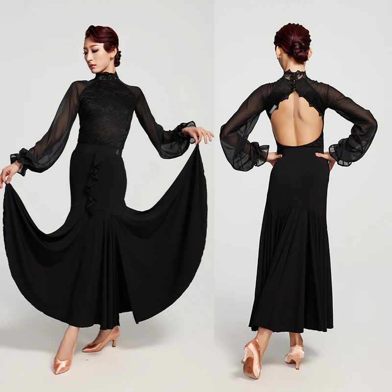 

2025 Ballroom Dance Dress Women Competition Clothing High Collar Black Lace Tops Long Skirt Waltz Latin Dance Costume DNV23491