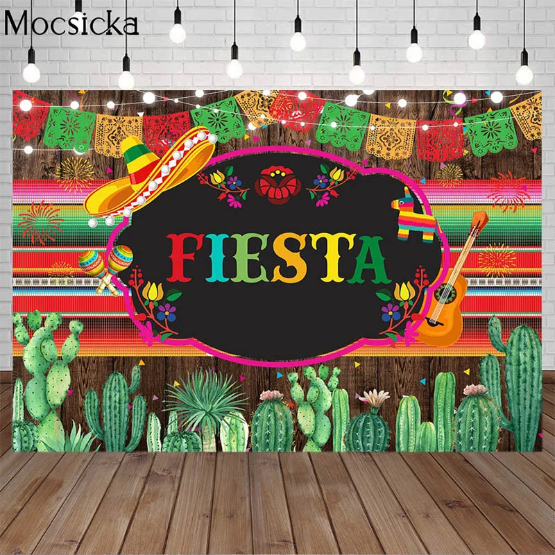 

Mexican Fiesta Party Backdrops Carnival Event Birthday Banner Photography Props Color Stripes Cactus Decoration Photo Background