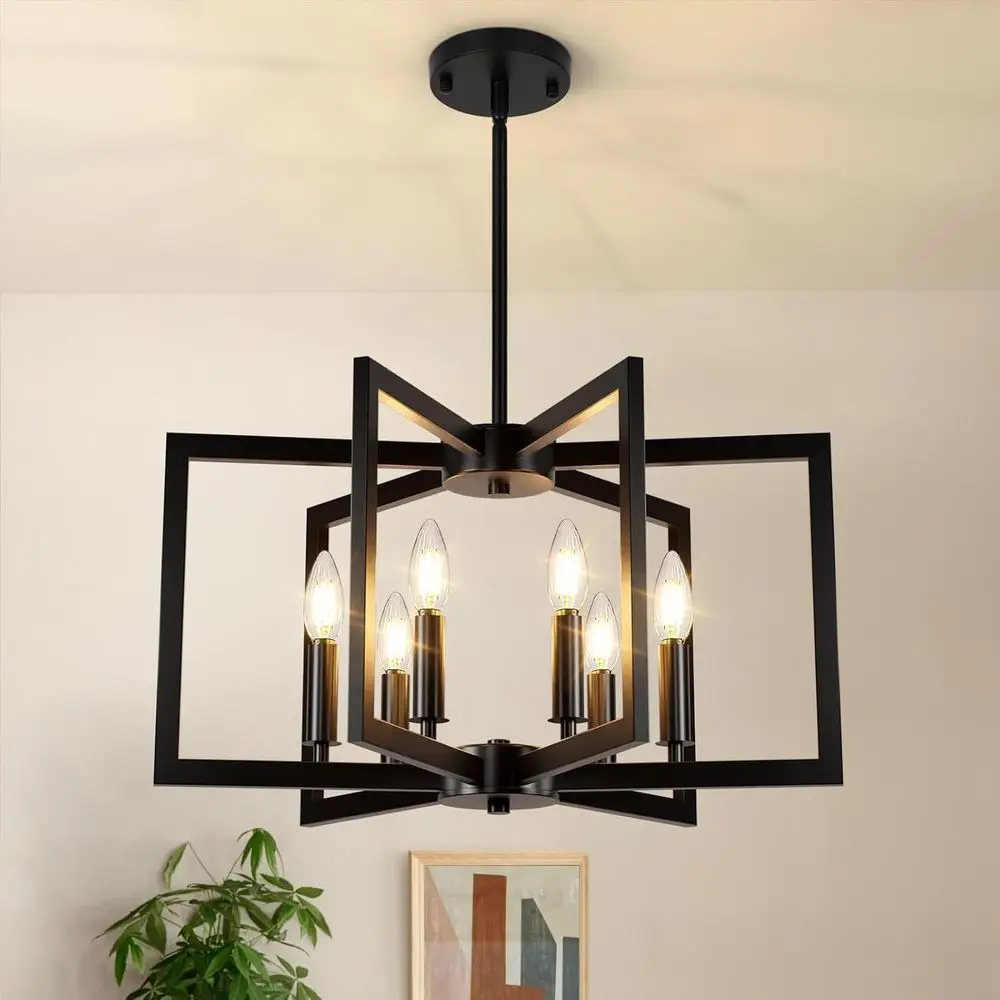 

6-Light Black Chandelier for Dining Rooms, Large Modern Chandelier, Geometric Industrial Metal Lighting for Entryway, Kitchen, O