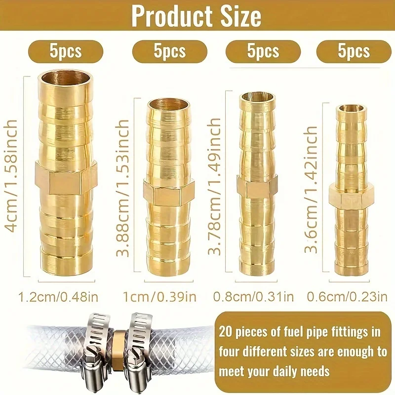 20Pcs Brass Hose Connector, Universal Barb Adapter for Air/Water/Fuel/YouTube Cable - Leak Proof, European and American Thread S