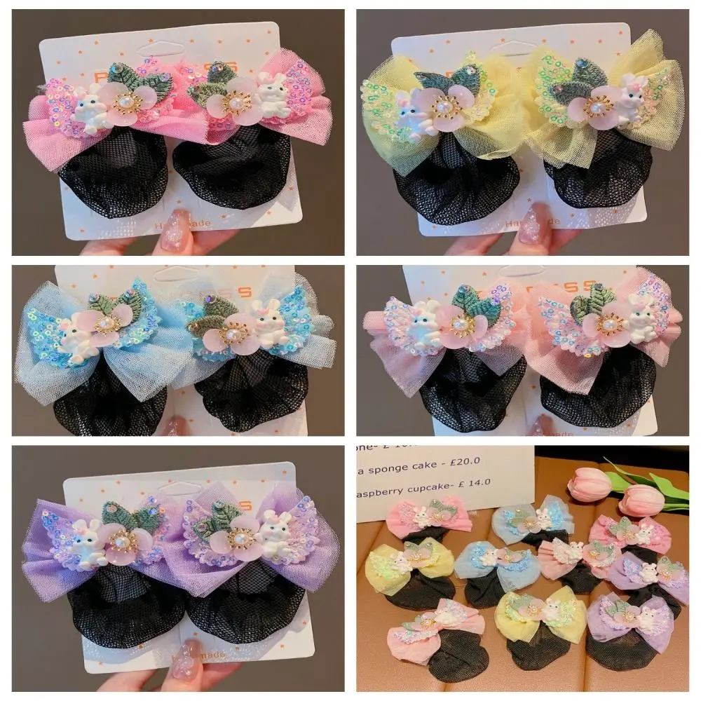 Kids Headwear Princess Snood Spring Clip Rabbit Colorful Bow Hair Nets Hair Clip Mesh Sequin Hair Nets Kids