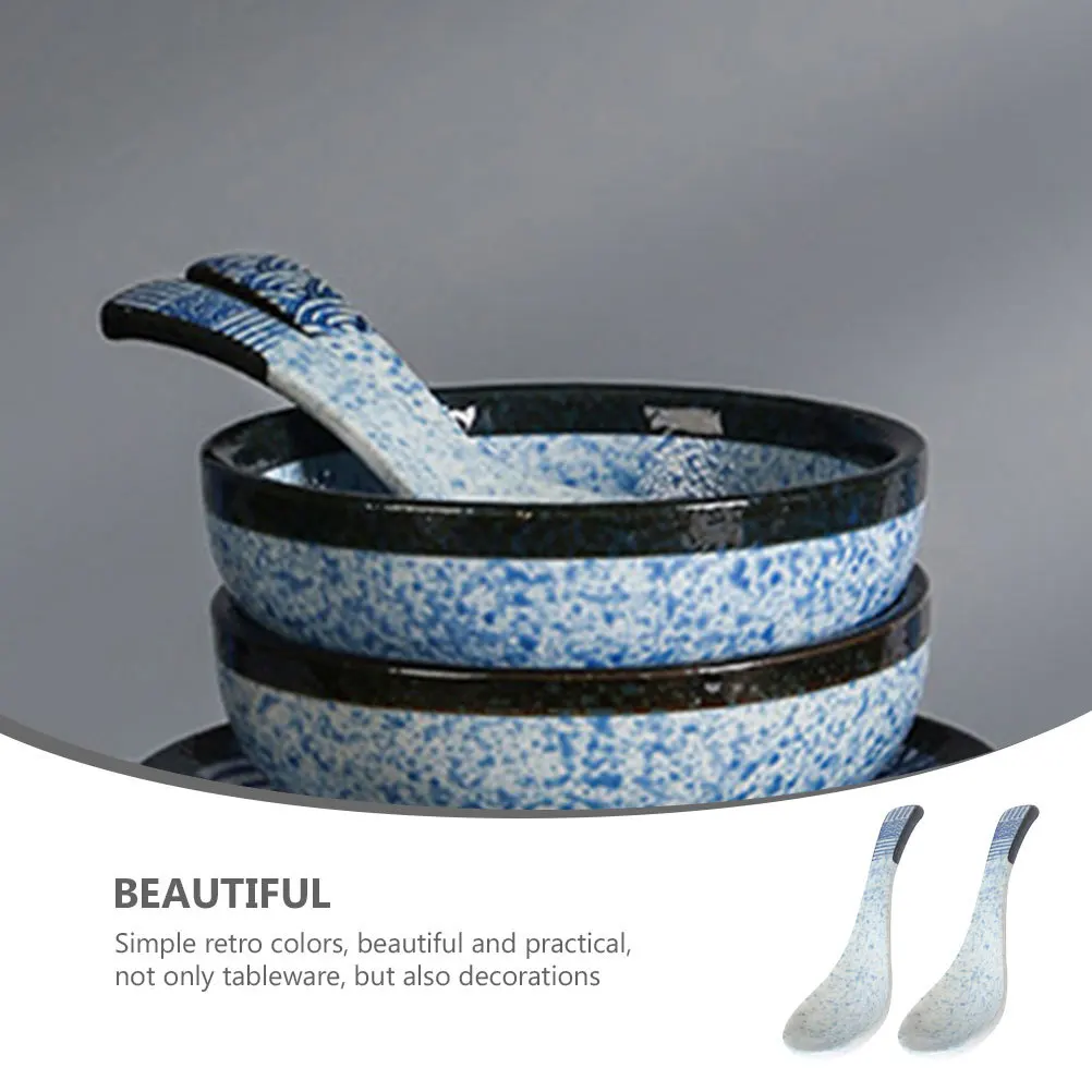 

2Pcs Ceramic Soup Spoons Simple Retro Color Multi-Function Household Dinner Spoon Portable Food Tool Food Spoon