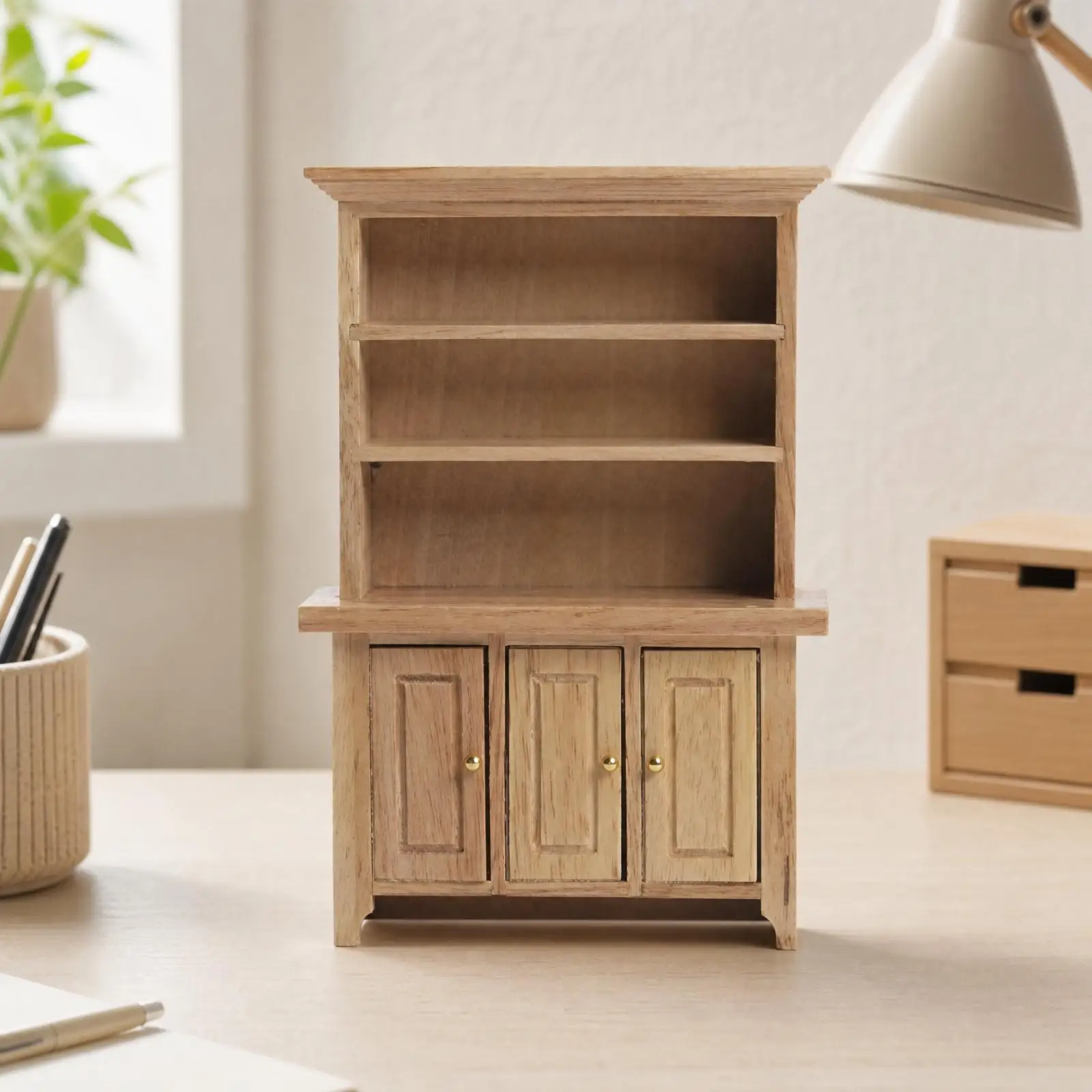 Furniture Wooden 1:12 Scale Miniature Freestanding Cabinet Realistic Birch Wood Dollhouse Cabinet with Doors
