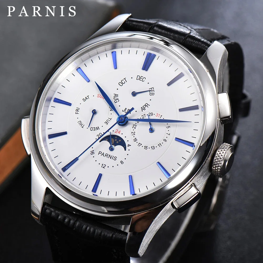 Parnis 45mm Silver Case Men Watch Automatic Mechanical White Dial Moon Phase Calendar Leather Strap Men\'s Watches