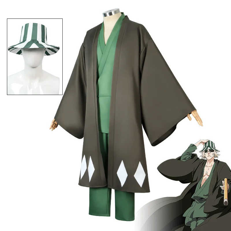 Hot Anime Bleach Cosplay Urahara Kisuke Gotei 13 Costume Kimono Uniform Cape Top Pants Hat Suit For Halloween Carnival Party