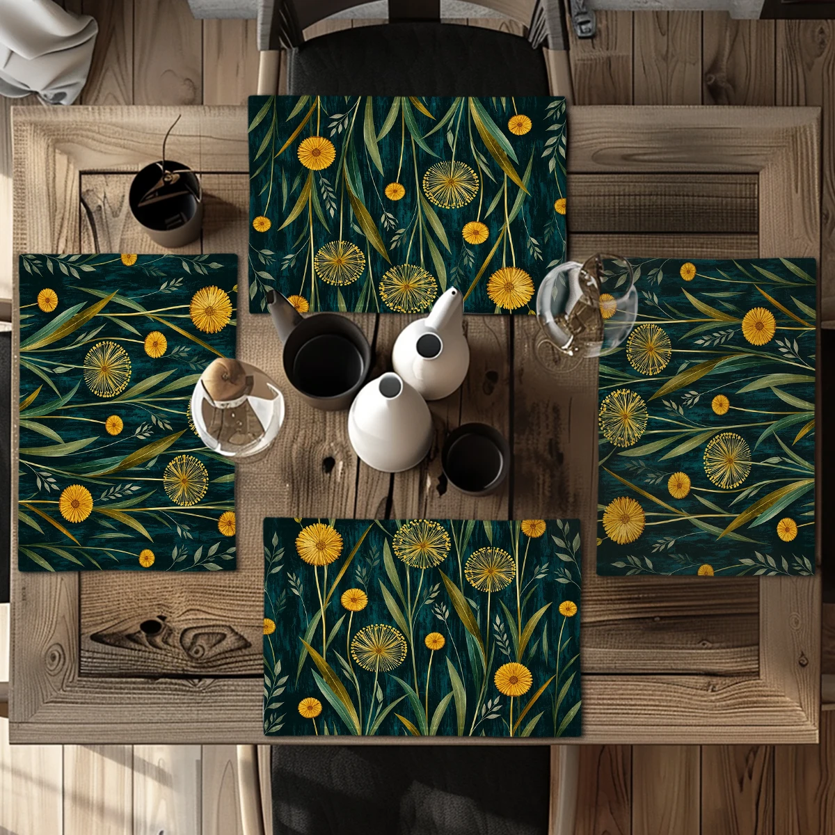 Vintage Lily Flower Pattern Polyester Placemats & Coasters - Decorative Table Linens for Home Dining, Kitchen and Daily Use