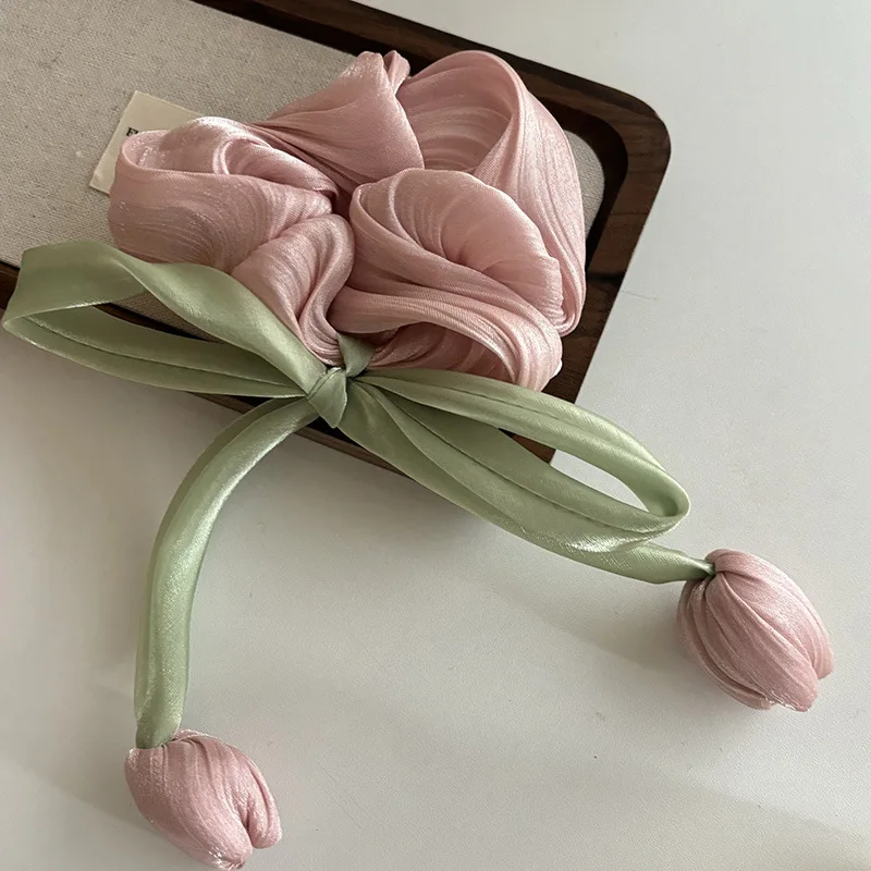 Sweet Tulip Large Intestine HairRing Female Clasp Clip Pink Hair Clasp Head Rope Hair Ornament Bowtie High ponytail HairOrnament