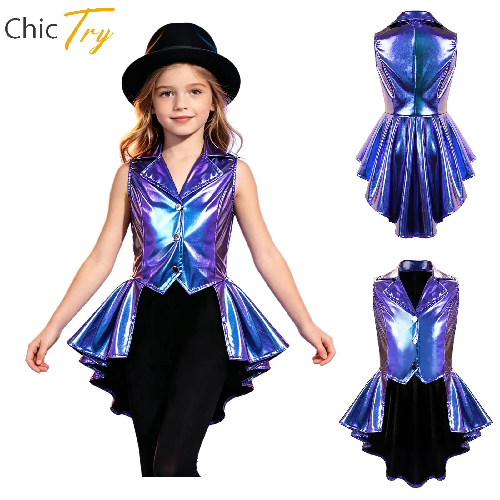 Glänzende Metallic-Hip-Hop-Jazz-Tanzjacke für Mädchen, asymmetrischer Mantel mit Rüschen und Peplum, Oberbekleidung für Disco, Bühnenauftritte und Streetwear