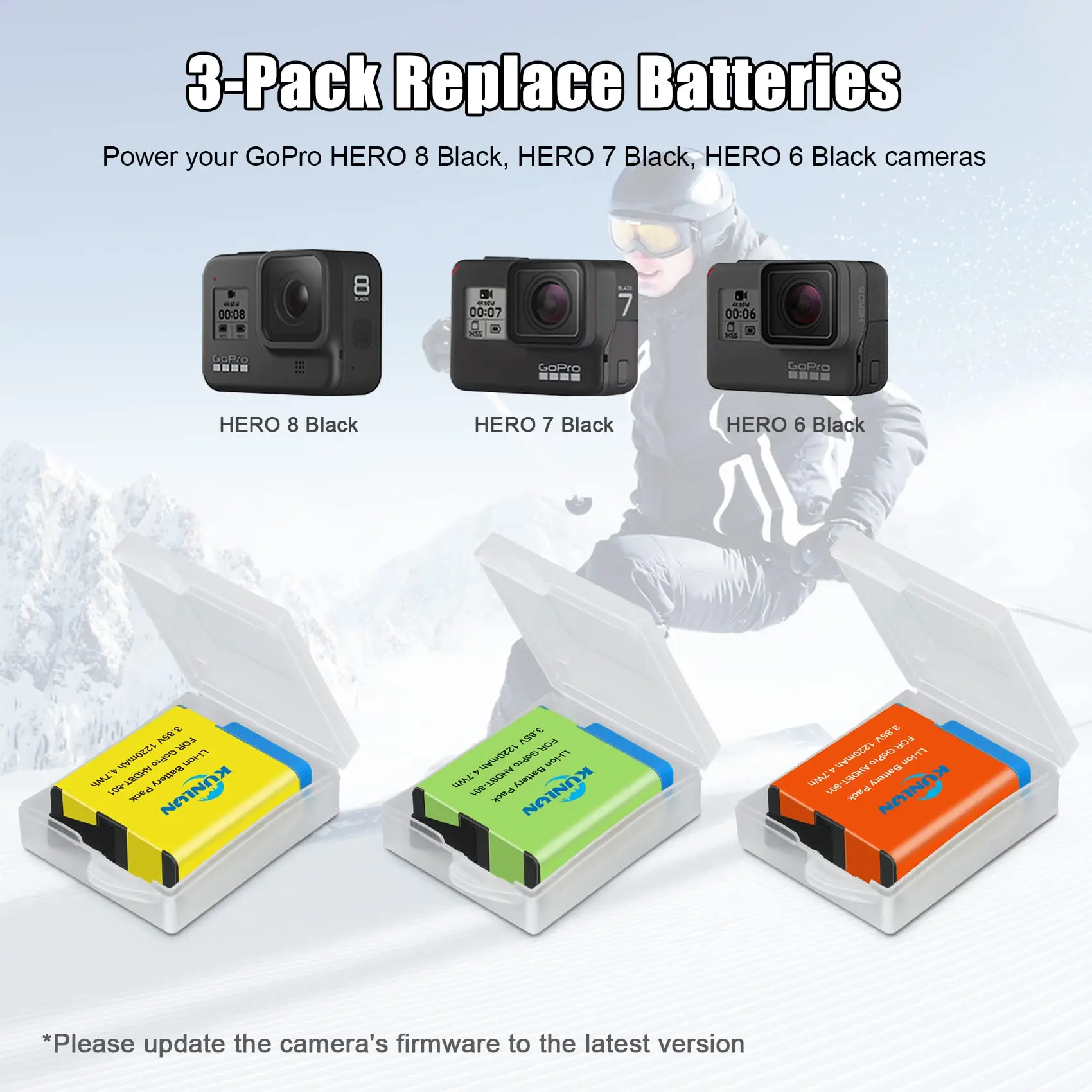 GoPro Hero 8/7/6 Batteries 3-Channel USB Fast Battery Charger for GoPro Hero 8 Black,Hero 7 Black,Hero 6 Black Camera 3-Pack